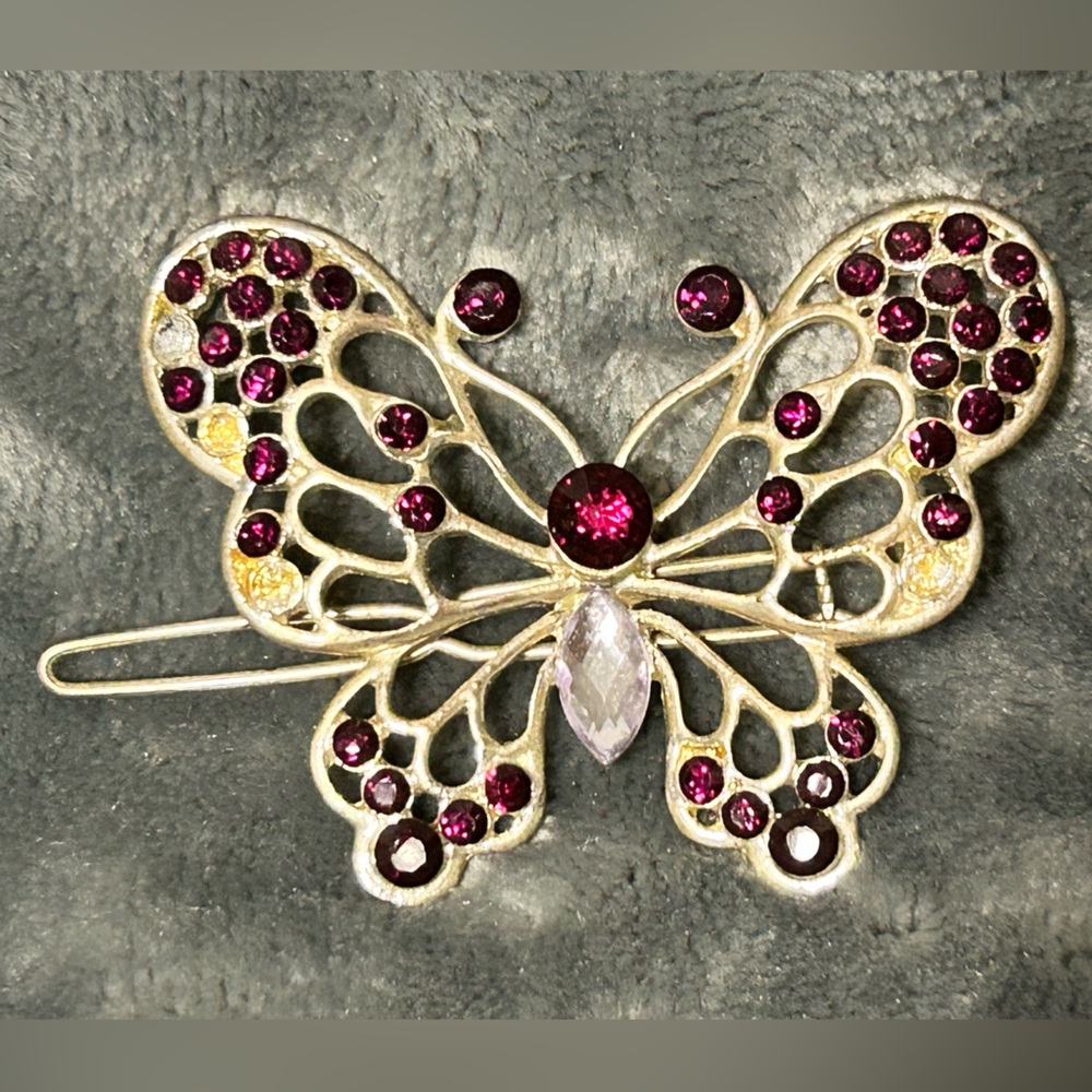 Butterfly Hair Barrette Red Rhinestone Silver Tone Metal